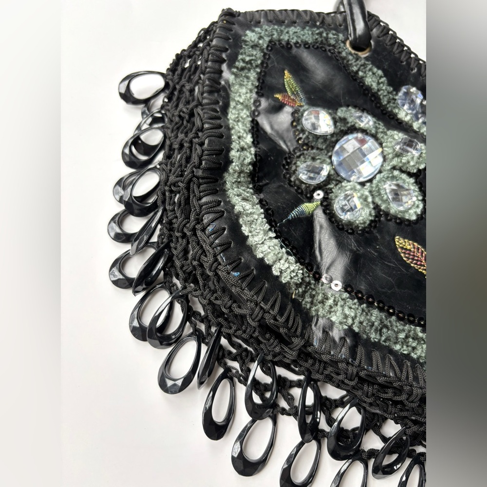 Y2K Vintage Embroidered‎ Beaded Sequin Embellished Black Vegan Leather Boho Bag - Picture 3 of 7